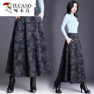 啄木鳥(niǎo)（TUCANO）中老年媽媽裝毛呢冬裙半身裙女秋冬季洋氣大碼高腰顯瘦大擺長(cháng)裙子 -深藍色花紋 XL 120-140斤