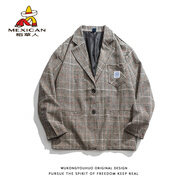 稻草人有貨復(fù)古格子西服外套男潮牌高街bf寬松休閑痞帥情侶西裝夾克 淺棕色 M