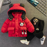 男童棉衣套裝兒童2025新款加絨加厚冬裝棉服洋氣女童外套寶寶棉襖 米貓熊棉衣紅色（棉衣+褲子） 80  建議8個(gè)月左右