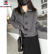 AEMAPE歐貨開(kāi)衫針織衫女2025秋冬新款V領(lǐng)長(cháng)袖寬松韓版時(shí)尚大扣翻領(lǐng)毛衣 灰色. L 建議105斤-115斤