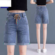 羅蒙大碼松緊腰牛仔五分褲女寬松直筒中褲薄款夏季新款高腰闊腿短褲子 86012藍色彈力五/分褲 高品質(zhì) L 建議100-115斤