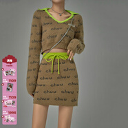 CHUU撞色抽繩馬海毛半身裙女冬季新款高腰復古提花A字短裙子 咖啡色 S