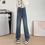 百圓褲業(yè)（BAIYUAN TROUSERS）韓版復古雙排扣顯瘦牛仔褲女2026春秋百搭辣妹高腰垂感寬松直筒褲 復古藍-九分（158cm以下） XS