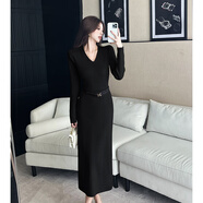 以歐（YIOU）M法式時(shí)尚針織連衣裙女秋冬內搭打底長(cháng)裙v領(lǐng)氣質(zhì)修身顯瘦包臀長(cháng)裙 黑色 均碼