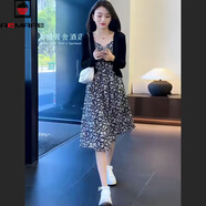 AEMAPE品牌高端裙子女裝2025新款夏季氣質(zhì)復古開(kāi)衫吊帶碎花連衣裙兩件套 黑色 兩件套 M 建議95-105斤