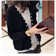 韓國女裝2024秋裝新款毛衣長(cháng)袖寬松外套短款珍珠針織開(kāi)衫女 黑色 L L