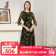 經(jīng)典故事（JANE STORY）2025春秋新款法式大花朵茶歇連衣裙女復古氣質(zhì)修身印花雪紡裙高端 黑底綠花 L