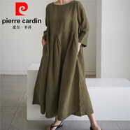 皮爾卡丹（pierre cardin）長(cháng)袖連衣裙大碼寬松棉麻套頭圓領(lǐng)過(guò)膝長(cháng)裙氣質(zhì)休閑風(fēng)森女系打底衫 墨綠色 S