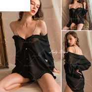 雅鹿性感睡衣大碼情調感男友風(fēng)襯衫純欲薄款雪紡露肩水鉆睡裙 吊帶露肩雙穿 黑色【襯衫+T褲】 XL 120-140斤