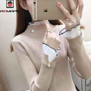 AEMAPE加絨厚加厚毛衣女外穿秋冬新款修身針織洋氣內搭上衣蕾絲打底衫 卡其色 XL 115-125斤