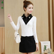 芭瑾圖2025秋冬新款韓版毛呢連衣裙女加絨蕾絲假兩件襯衣領(lǐng)中裙包臀裙潮 黑白色 加絨 L