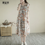 漫藍夢(mèng)折扣店商場(chǎng)撤柜女裝尾貨寬松大碼復古文藝印花遮肉中長(cháng)款裙子 紅色 氣質(zhì)款 L 【建議110-130斤】