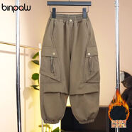 binpaw斌寶男童褲子冬季一體奧利絨韓系加厚寬松拉鏈百搭潮純棉工裝褲潮 卡其綠【奧利絨】【冬季一體絨工裝褲】 150 碼建議身高135-145厘米穿