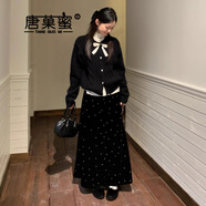 唐菓蜜小香風(fēng)連衣裙女2026春秋新款韓系時(shí)尚減齡氣質(zhì)小千金顯瘦套裝裙子 黑色毛衣+波點(diǎn)裙子 M
