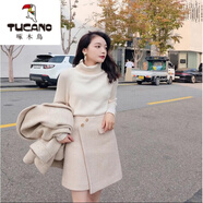啄木鳥(niǎo)（TUCANO）加棉加厚毛呢套裝秋冬氣質(zhì)小個(gè)子中長(cháng)款毛呢裙兩件套搭毛衣三件套 毛呢外套+毛呢短裙+打底毛衣三件 S