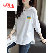 啄木鳥(niǎo)（TUCANO）白色純棉長(cháng)袖t恤女秋冬季加絨打底衫中長(cháng)款遮屁股洋氣不規則上衣 A26(五色小涂鴉)今年流行的輕奢 XL 125斤-145斤