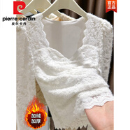 皮爾卡丹（pierre cardin）歐貨加絨蕾絲打底衫女長(cháng)袖秋冬韓國女裝磨毛內搭小衫波浪v領(lǐng)上衣 白色【加絨加厚】 S