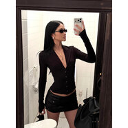 夜店套裝女性感辣妹套裝女秋冬季巨好看黑色v領(lǐng)長(cháng)袖上衣包臀亮片 套裝（上衣+裙子） S 【現貨直發(fā)】贈b