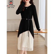 AEMAPE法式氣質(zhì)亮片拼接紅色連衣裙女2025秋冬新款中長(cháng)款收腰系帶毛衣裙 黑色 XL