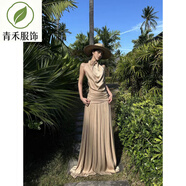 法式感無(wú)袖垂折領(lǐng)掛頸洋裝女夏海邊度假性感露背收腰拖地長(cháng)裙 圖片色 L