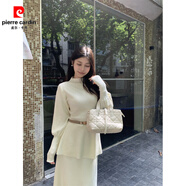 皮爾卡丹（pierre cardin）法式半高領(lǐng)燈籠袖針織衫女秋冬配腰帶收腰毛衣慵懶風(fēng)中長(cháng)款上衣 杏色（配卡其腰帶） 均碼