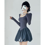 芭蕾千金純欲少女連衣裙方領(lǐng)性感露背長(cháng)袖蓬蓬裙春秋花苞娃娃裙 炭灰色 S S