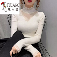 啄木鳥(niǎo)（TUCANO）針織絨衫女蕾絲打底衫內搭秋冬年新款洋氣半高領(lǐng)薄款修身毛衣針織 白色【品質(zhì)】 XL 建議115-125斤