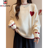 AEMAPE圓領(lǐng)套頭愛(ài)心刺繡慵懶風(fēng)加絨加厚毛衣女秋冬大碼遮肚顯瘦針織上衣 白色 L 【110--120斤】