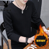 花花公子（PLAYBOY）T恤男春秋季新款針織衫體恤男士V領(lǐng)純色毛衫保暖打底衫上衣服男裝 818黑色 加絨 XL 約120-135斤