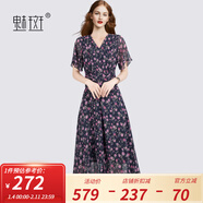 魅斑夏日V領(lǐng)巨好看的掐腰連衣裙女2025新款碎花雪紡裙遮肚連身裙 花色 2XL