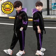 G.duck男童冬裝金絲絨加厚三件套新款兒童加絨衛衣套裝男孩中大童棉服韓 飛機紫色（雙面絨三件套） 130 :(身高1米2以下)