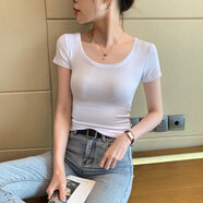 格思尚（GERLSISUE）咖色u領(lǐng)正肩t恤女短袖2025夏季新款修身顯瘦百搭針織低領(lǐng)半袖上衣 白色 S
