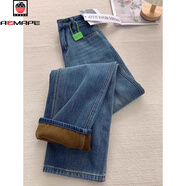 AEMAPE美式加絨加厚高腰直筒牛仔褲女2025秋冬新款大碼顯瘦寬松百搭褲子 復古藍【加絨加厚】 M 建議95-108斤