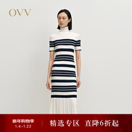 OVV秋冬熱賣(mài)女裝經(jīng)典橫條紋高領(lǐng)長(cháng)袖羊毛針織連衣裙 藏青條紋 S
