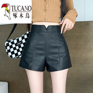 啄木鳥(niǎo)（TUCANO）2024秋冬新款韓版PU皮短褲女柔軟皮褲高腰修身闊腿A字外穿靴褲潮 黑色 M