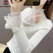 AEMAPE加絨厚加厚毛衣女外穿秋冬新款修身針織洋氣內搭上衣蕾絲打底衫 波點(diǎn)花邊白色 L 105-115斤