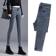 Jaslcs高端牛仔褲女2025秋冬季新款彈力修身高腰顯瘦高端加絨小腳褲子女 藍灰 九分【專(zhuān)柜品質(zhì)】 常規 29