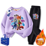 聯(lián)名朱迪兒童加絨衛衣套裝冬季瘋狂動(dòng)物城男童運動(dòng)服女童服裝 圓領(lǐng)衛衣組合款一紫色+黑褲 加絨 130 cm 建議44-54斤