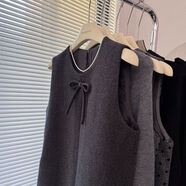 厚款高腰A字顯瘦蝴蝶結毛呢背心連衣裙有口袋外穿中長(cháng)款背心裙 深灰色 L L110-125斤