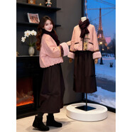 歌弗婭冬季搭配一整套大碼胖mm粉色棉服外套闊腿褲新中式國風(fēng)高級套裝女 兩件套裝 XL