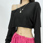 爵士路（JAZZ ROAD）爵士jazz舞蹈服裝 歐美短款露臍一字領(lǐng)露肩高腰針織T恤寬松上衣女 黑色 S