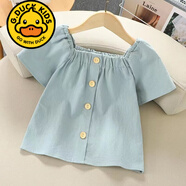 G.duck女童短袖娃娃衫2025新款夏季薄款洋氣中大童方領(lǐng)棉麻t恤襯衫上衣 藍色 110 cm
