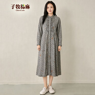 子牧棉麻2026春裝 女文藝復古百搭休閑印花寬松顯瘦長(cháng)袖連衣裙Y 黑白印花 M (建議95-110斤)