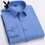 花花公子馬球男士春秋季薄款長(cháng)袖格子襯衫中年休閑高檔免熨燙抗 藍條紋 抗皺3001 40 建議125到135斤