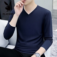 花花公子男士長(cháng)袖T恤純棉V領(lǐng)T恤純色小衫春秋款內搭秋季上衣服休閑內搭衣 YP-T191-V領(lǐng)-寶藍 3XL 160-175斤
