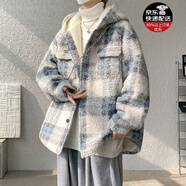 軒森圖（XUANSENTU）羊羔毛絨外套男士秋冬季加絨加厚毛呢棉服潮牌美式小香風(fēng)連帽棉衣 MH13藍色 M (170) （90斤至115斤可穿）