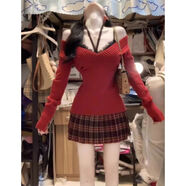 園翌2025秋冬圣誕純欲v領(lǐng)收腰顯瘦紅色跨年毛衣蕾絲吊帶高腰半身裙 紅色毛衣+黑色蕾絲吊帶 XL