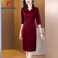 皮爾卡丹（pierre cardin）喜婆婆婚宴裝醋酸緞面禮服裙2025秋季新款時(shí)尚優(yōu)雅復古修身連衣裙 酒紅色 2XL