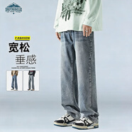 頂峰保羅（Dingfengbaoluo）美式牛仔褲男春秋季高街直筒寬松潮牌男生闊腿長(cháng)褲DFS05懷舊藍XL
