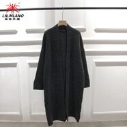 國際米瀾韓國秋冬新款無(wú)扣高比例兔毛混紡針織衫毛衣開(kāi)衫外套加長(cháng)款女 黑灰 均碼 3058